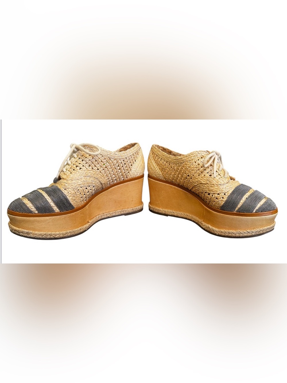 SCHUTZ size 6.5 RARE raffia metal platform lace up espadrilles Oxford shoes - Picture 3 of 11